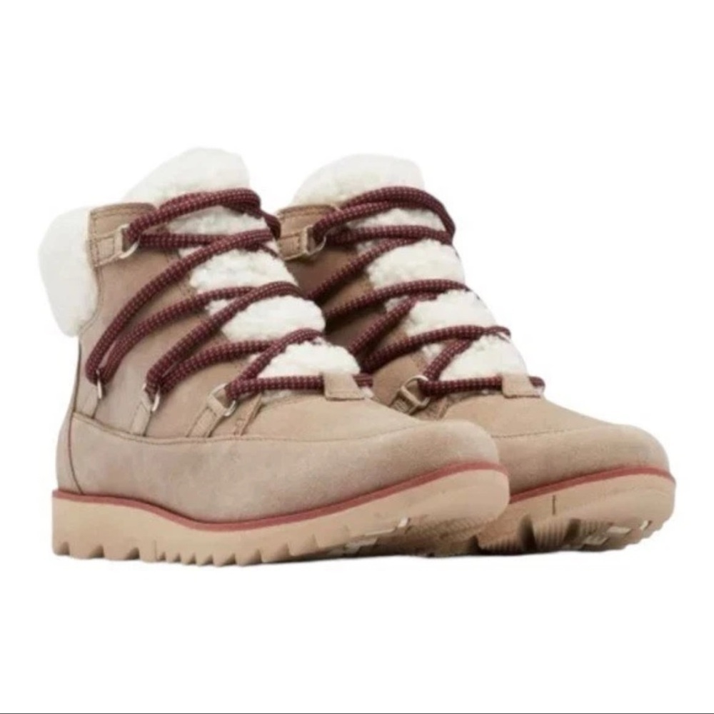 Sorel Harlowe Gray Suede Shearling Lace Cozy Waterproof Winter Booties Women 7.5 - Picture 2 of 11